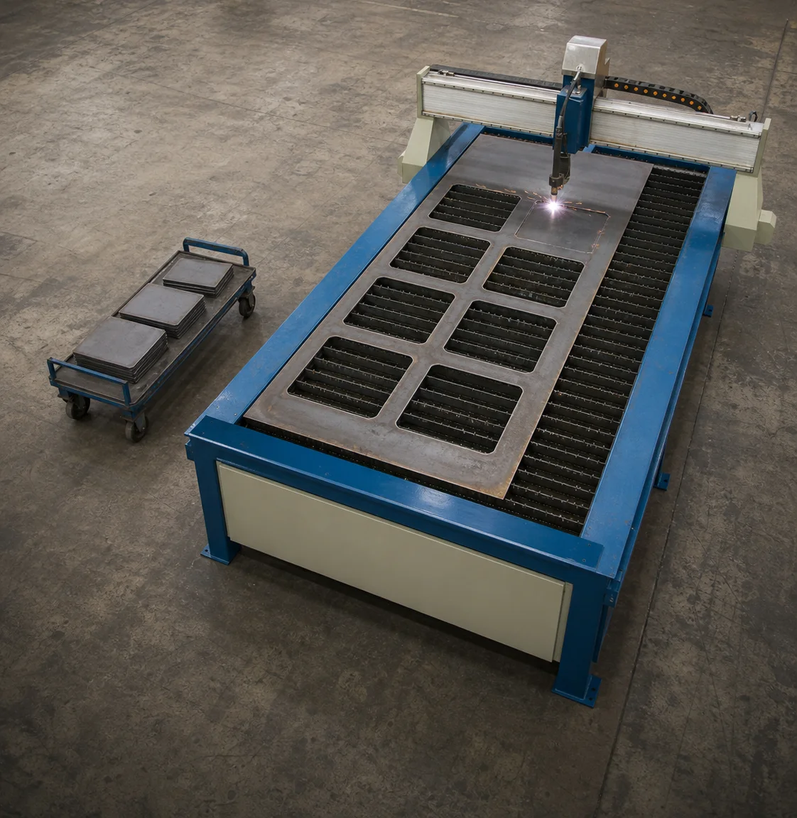Baileigh PT-510HD plasma cutting table cutting rectangular parts from 5 mm steel sheet